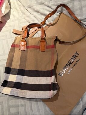 Burberry authentic Check Canvas Tote Bag with Leather Trim